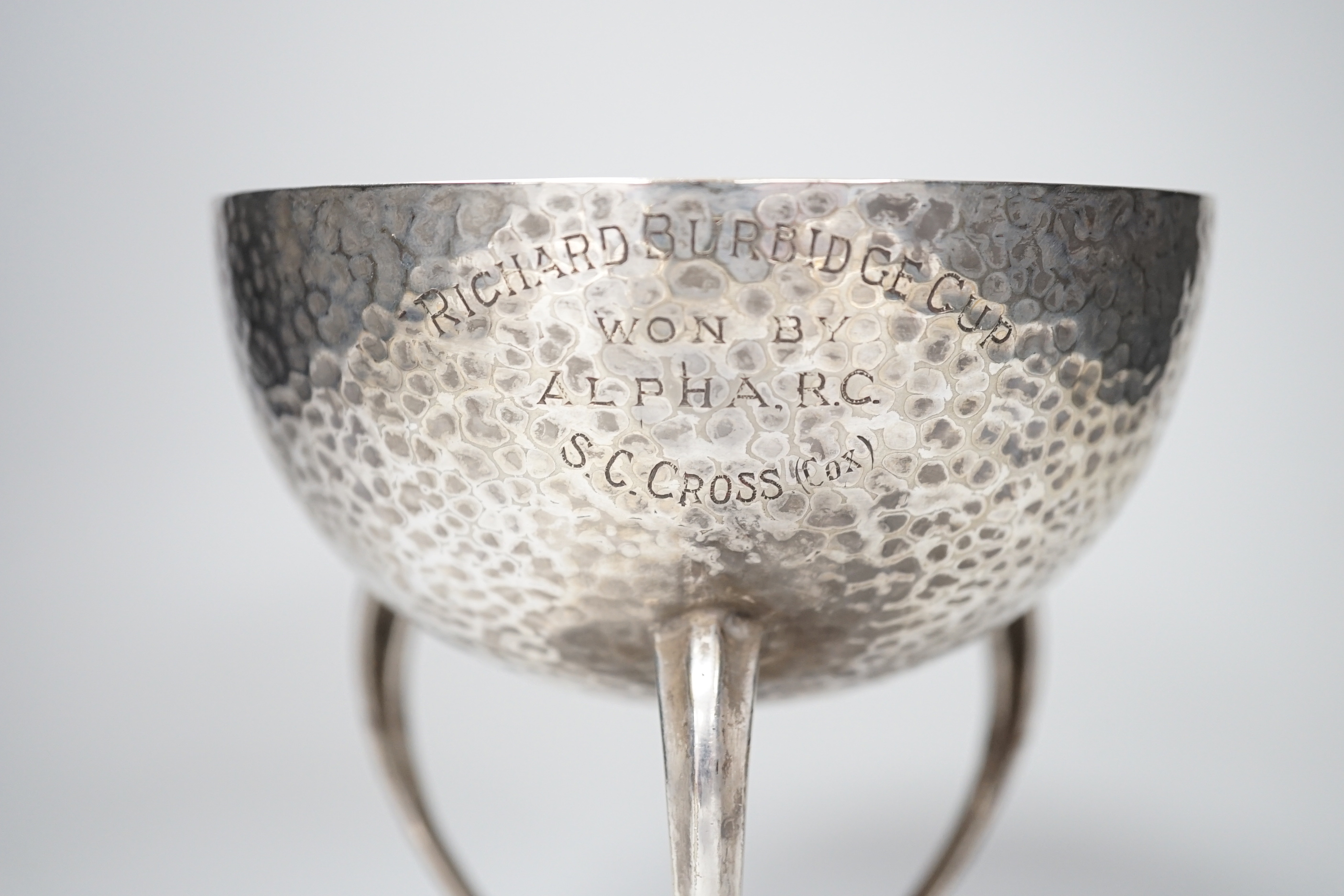 An Arts & Crafts hammered silver plated trophy, 1929 ‘The Richard Burbidge Cup’ Richard Burbidge was managing director of Harrods, 13.5cm